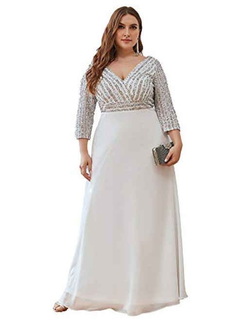 EverPretty Womens Deep VNeck Long Plus Size Formal Occasion Dress for Weddings White US22