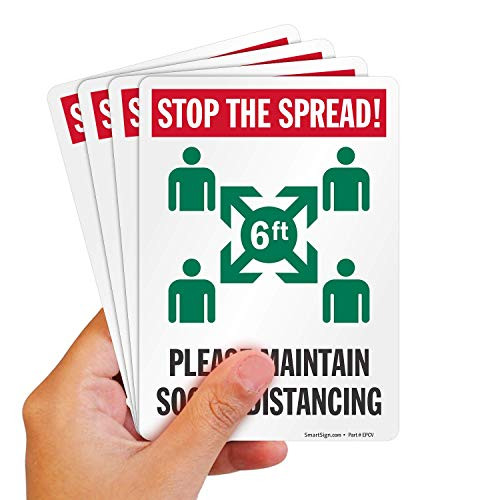 SmartSign Stop The Spread!  Please Maintain Social Distancing Label  5 x 7 Polyester with SuperStick Adhesive Pack of 4
