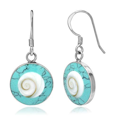 925 Sterling Silver Turquoise and Shiva Eye Shell Inlay Round Dangle Hook Earrings 925 Sterling Silver Turquoise and Shiva Eye Shell Inlay Round Dangle Hook Earrings
