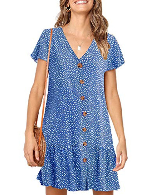 Imysty Womens Polka Dot V Neck Button Down Ruffles Loose Mini Short TShirt Dress Blue