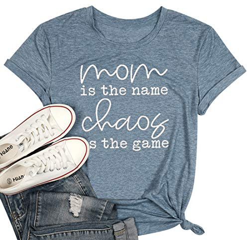 EGELEXY Mom Life T Shirt Women Funny Letter Print Mama Vacation Tops Tees Casual Short Sleeve Shirts Blue Small