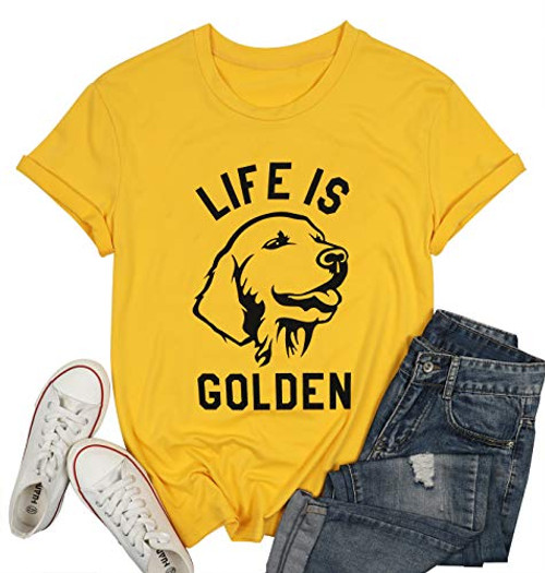 EGELEXY Life is Golden T Shirt Women Funny Letter Print Dog Lover Gifts Tops Tees Casual Short Sleeve Doodle Shirts Tops