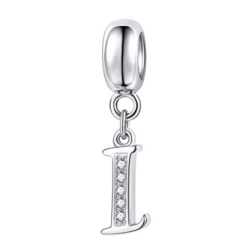 925 Silver Letters Initial AZ Dangle Charms Sterling Clear CZ Alphabet Charms for Charms Bracelets Letter I
