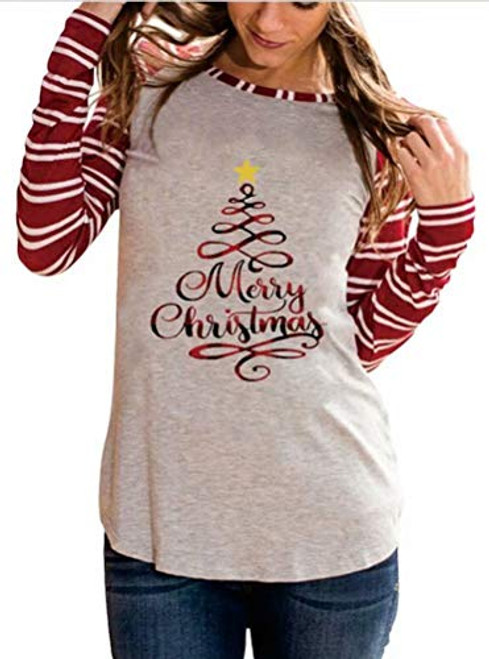 Merry Christmas Tree Shirt Women Christmas Letter Print Long Sleeve Striped Raglan Casual Top Shirt S Gray1