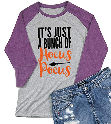 Its Just A Bunch Hocus Pocus T Shirt Women Halloween Sanderson Sisters 34 Sleeve Raglan Baseball Shirts Top XL Purple
