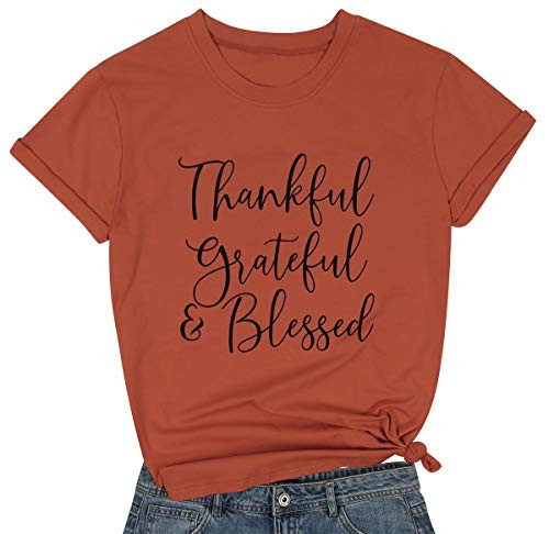 Grateful Thankful and Blessed Thanksgiving T Shirts for Women Letter Print Short Sleeve Fall Graphic Tee Shirt Top M Orange