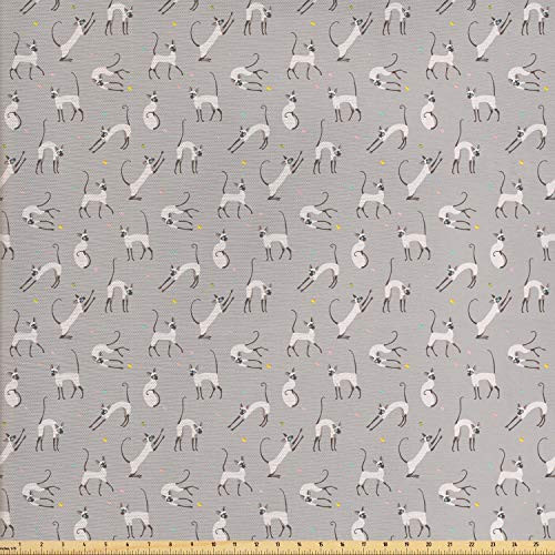 Ambesonne Grey Fabric by The Yard Siamese Cat on Wall Design Playing and Posing Feline Kitty Design Decorative Fabric for Upholstery and Home Accents 2 Yards Pale Grey