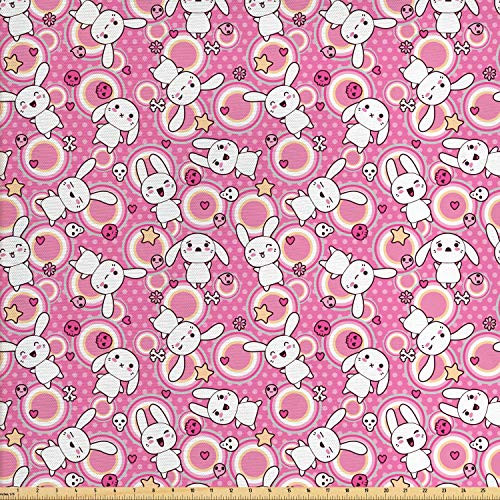 Ambesonne Anime Fabric by The Yard Funny Kawaii Illustration with Rabbits Funky Animals Bunnies Kids Humor Print Decorative Fabric for Upholstery and Home Accents 2 Yards White Pink