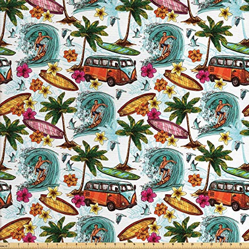 Ambesonne Ocean Fabric by The Yard Hawaiian Surfer on Wavy Deep Sea Retro Style Palm Trees Flowers Surf Boards Print Decorative Fabric for Upholstery and Home Accents 1 Yard White Teal