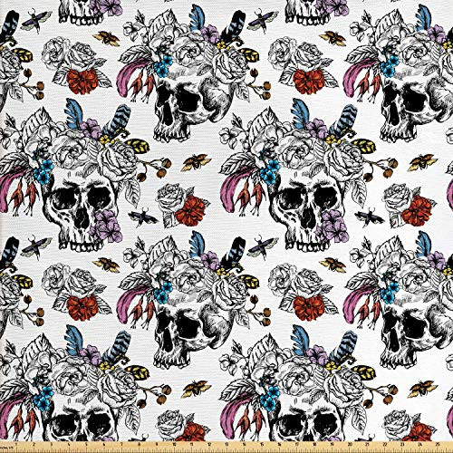 Ambesonne Day of The Dead Fabric by The Yard Sugar Skull Flowers Pattern Vintage Rose Bouquet and Bees Retro Print Decorative Fabric for Upholstery and Home Accents 3 Yards Charcoal White