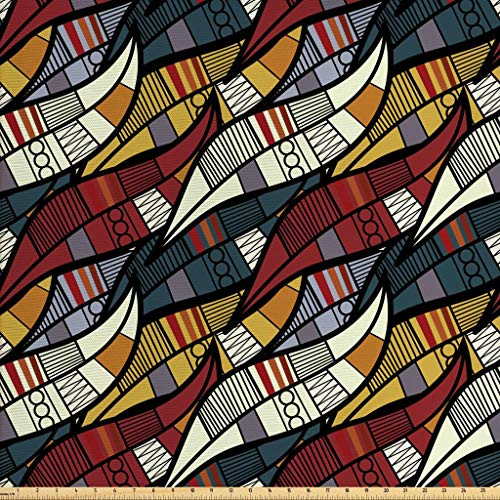 Ambesonne African Fabric by The Yard Diagonal Abstract Leaves with Circles Chevrons Lines Traditional Cultural Heritage Decorative Fabric for Upholstery and Home Accents 1 Yard Ruby Grey