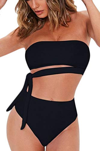 FAFOFA Womens Two Pieces Bathing Suit Plus Size Bandeau Strappy Tie High Waisted Bikini Set Beachwear XL Black