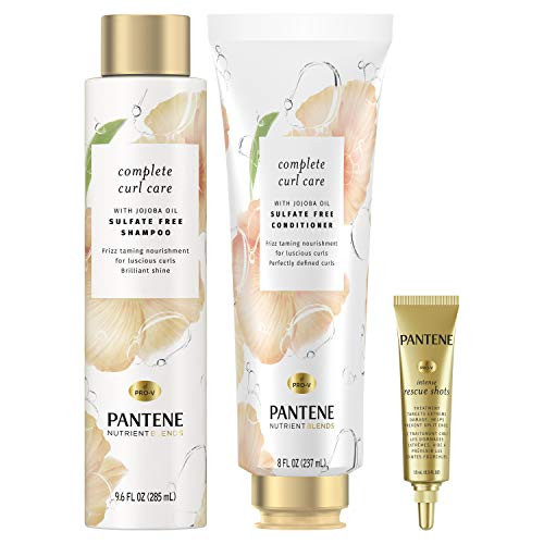 Pantene Shampoo and Conditioner plus Rescue Shot Treatment with Jojoba Oil for Curly Hair Nutrient Blends Complete Curl Care