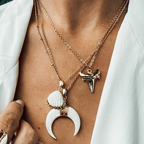 Favelo Boho Layered Necklaces Gold Shell Crescent Moon Pendant Necklaces Chain Animal Jewelry Adjustable for Women and Girls