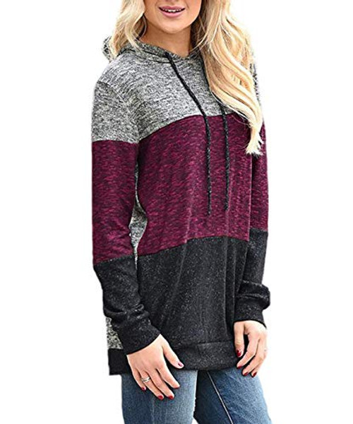 Womens Fleece Hoodies Patchwork Hooded Sweatshirt Color Block Pullover Sweater with Pockets Red XL