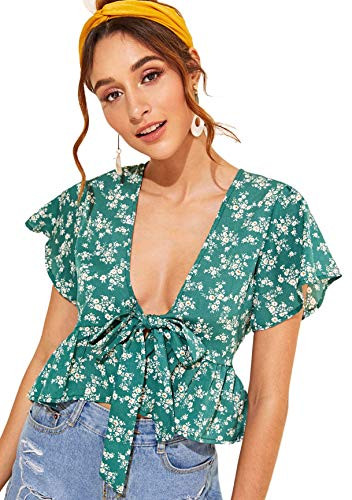 SweatyRocks Womens Short Sleeve Deep V Neck Self Tie Front Crop Top Blouse Green M