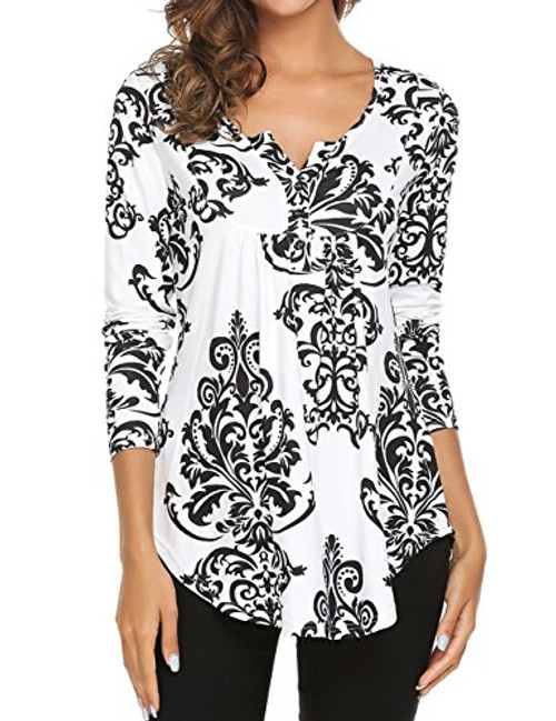 Womens Paisley Printed Long Sleeve Henley V Neck Pleated Casual Flare Tunic Blouse Shirt Black 3X