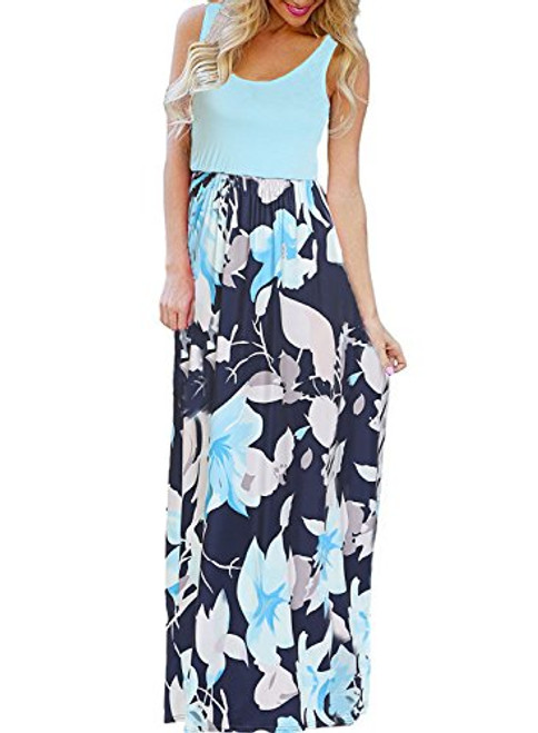 Bluetime Womens Summer Floral Long Boho Dress Sleeveless Color Block Maxi Pleated Dress Light Blue L