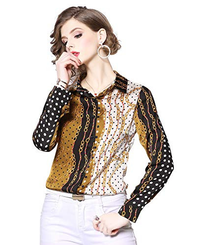 Womens Chain  Baroque Print Shirt Long Sleeve Button up Casual Blouse Top