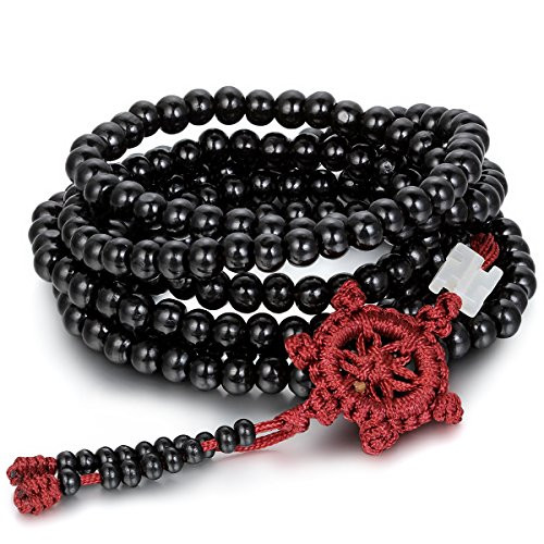 Flongo Black Wood Prayer Mala Tibetan Buddhist Beads Bracelet Link Wrist Necklace Chain