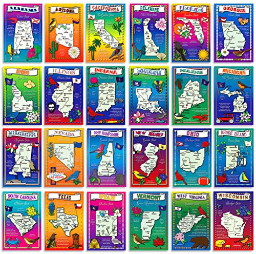 U.S. State Map Postcard Set. 50 modern post card variety pack. Illustrated postcards with maps of all fifty states of the United States of America. Made in USA.