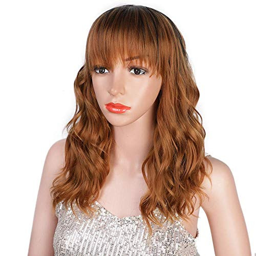AISI HAIR Wavy Bob Wigs with Bangs Natural Looking Synthetic Curly Wigs Heat Resistant Fiber Hair for Women Black Mixed Brown