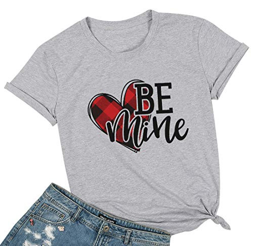 Buffalo Plaid Heart Shirt Top Womens Valentines Day T Shirt Short Sleeve Cute Graphic Print Tee L Gray
