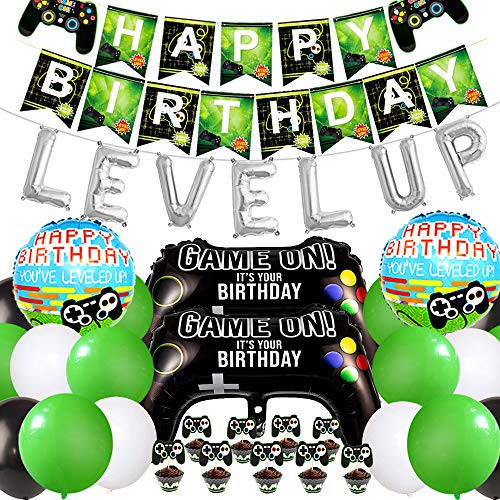 Kreatwow Video Game Party Decoration Kit Controller Balloons for Boys Gamer Game On Birthday Party Supplies Balloons Gaming Happy Birthday Banner Cupcake Toppers