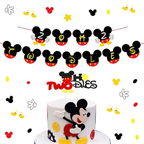 Mickey 2nd Birthday Banner Cake Topper for Girl Boy Mickey Oh Twodles Themed Second Birthday Party Decorations Supplies