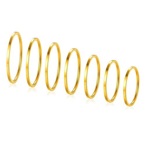 FOCALOOK 7PCS 1MM Stainless Steel Band Knuckle 18K Gold Plated Stacking Rings for Women Girls Fashion Midi Rings Comfort Fit Size 410
