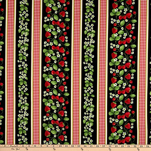 Timeless Treasures Strawberry Patch Border Stripe Black Fabric