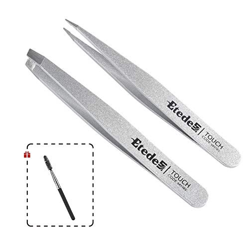ETEDES Eyebrow Tweezers Set 2 PCS Professional Stainless Steel Eyebrow Tweezers Kit for WomenMen With eyebrow brush