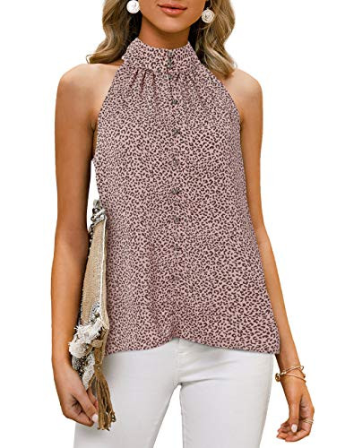 imesrun Womens Mock Neck Tank Tops Leopard Print Sleeveless Button Down Blouse Shirts Pink Small