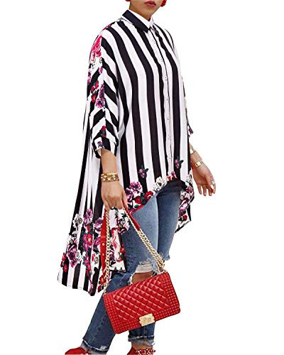 BIUBIU Womens Striped Floral Batwing Sleeve High Low Hem Loose Blouse Tops XL Black Stripes