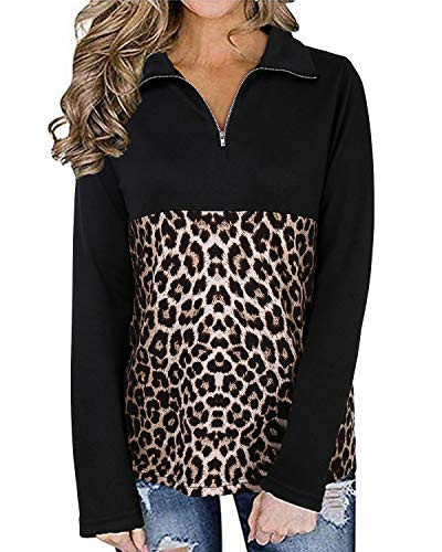 LANISEN Leopard Print Long Sleeve Tops for Women Womens Casual Leopard Print Sweatshirts Long Sleeve Zip Up Loose Pullovers Tunic Tops BlackLeopard M