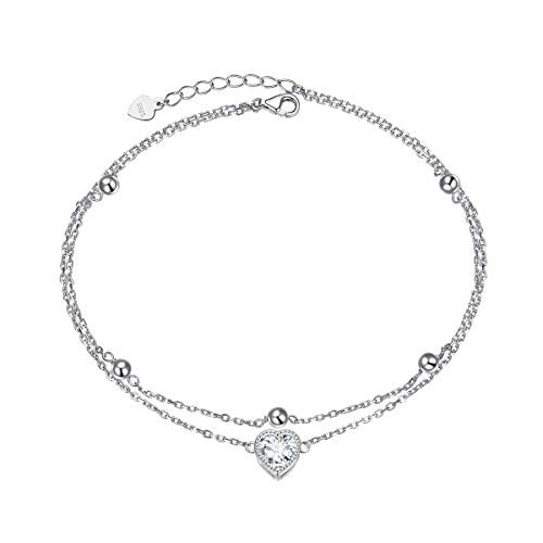 Heart Anklet Sterling Silver Adjustable Beaded Heart CZ Charm Foot Ankle Bracelet Anklets for Women