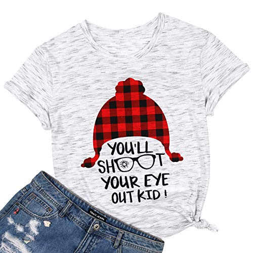 Youll Shoot Your Eye Out Kid Christmas Story Movie Shirt Top Women Buffalo Plaid Christmas Graphic Print Tee Gray
