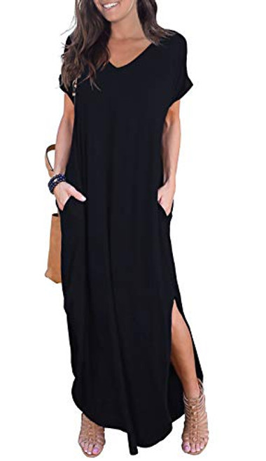 GRECERELLE Womens Casual Loose Pocket Long Dress Short Sleeve Split Maxi Dress Black XSmall
