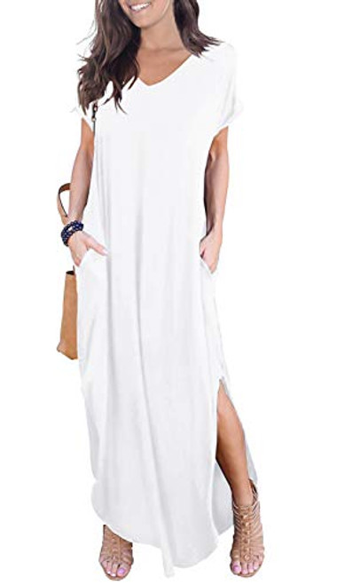GRECERELLE Womens Casual Loose Pocket Long Dress Short Sleeve Split Maxi Dresses WhiteXXLarge
