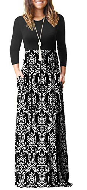 GRECERELLE Womens Long Sleeve Loose Plain Floral Print Maxi Dresses Casual Long Dresses Pockets FPBlack WhiteLarge GRECERELLE Womens Long Sleeve Loose Plain Floral Print Maxi Dresses Casual Long Dresses Pockets FPBlack WhiteLarge
