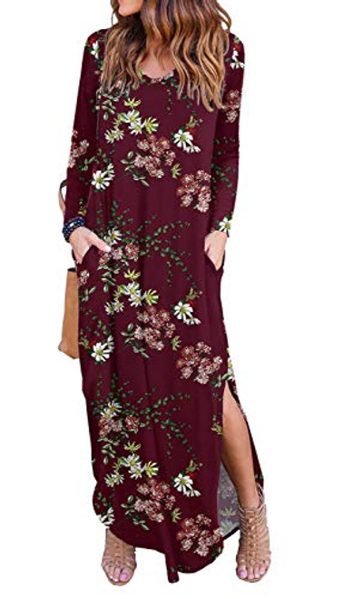 GRECERELLE Womens Floral Print Casual Loose Pocket Long Dress Long Sleeve Split Maxi Dresses FPWine Red Large GRECERELLE Womens Floral Print Casual Loose Pocket Long Dress Long Sleeve Split Maxi Dresses FPWine Red Large