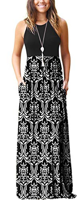 GRECERELLE Womens Sleeveless Racerback Loose Plain Maxi Dress Floral Print Casual Long Dresses with Pockets FPBlack WhiteLarge