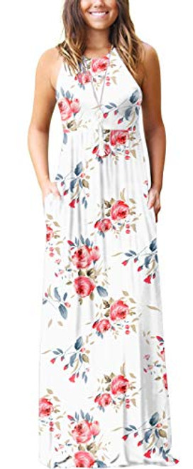 GRECERELLE Womens Summer Sleeveless Racerback Loose Plain Maxi Dress Floral Print Casual Long Dresses with Pockets FP WhiteSmall