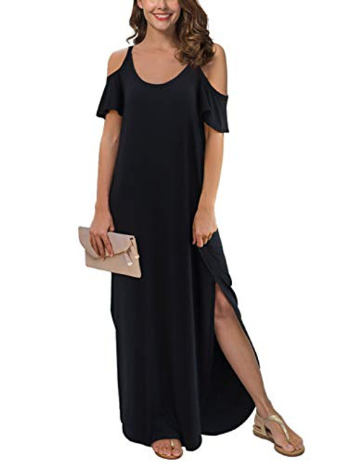 GRECERELLE Womens Summer Casual Loose Long Dress Strapless Strap Cold Shoulder Short Sleeve Split Maxi Dresses with Pocket BlackSmall