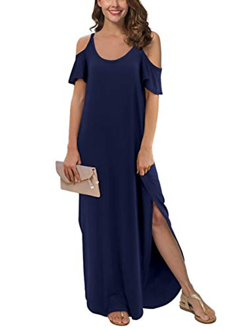 GRECERELLE Womens Summer Casual Loose Long Dress Strapless Strap Cold Shoulder Short Sleeve Split Maxi Dresses with Pocket Navy BlueMedium