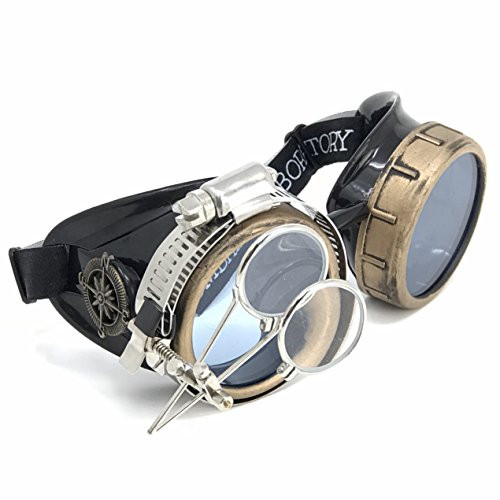 Steampunk Victorian Style Goggles with Compass Design Neon Blue Lenses  Ocular Loupe