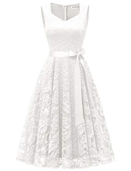 Gardenwed Womens Vintage Floral Lace Cocktail Formal Swing Dress Short VNeck Bridesmaid Party Dress White M Gardenwed Womens Vintage Floral Lace Cocktail Formal Swing Dress Short VNeck Bridesmaid Party Dress White M