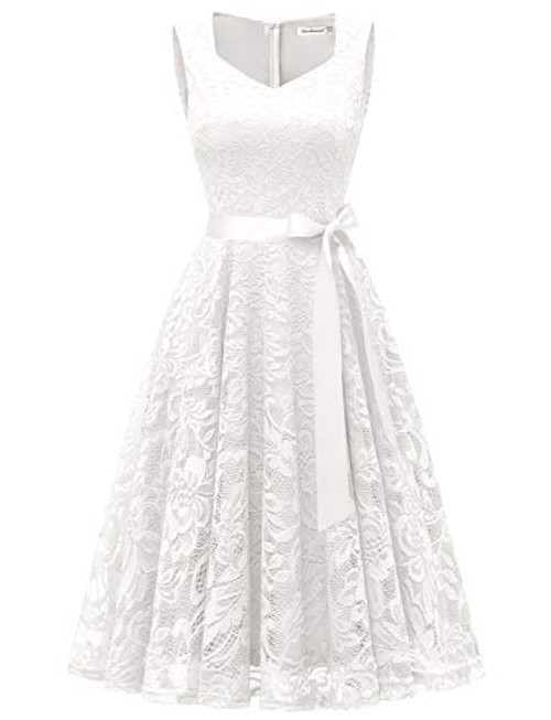 Gardenwed Womens Vintage Floral Lace Cocktail Formal Swing Dress Short VNeck Bridesmaid Party Dress White M