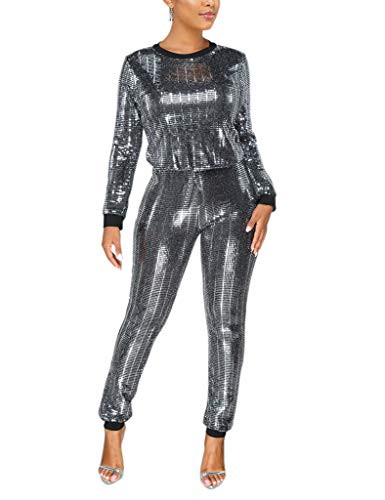 WOKANSE Womens Sequin Glitter Long Sleeve Sweatshirts and Skinny Long Pants Two Piece Outfits Black