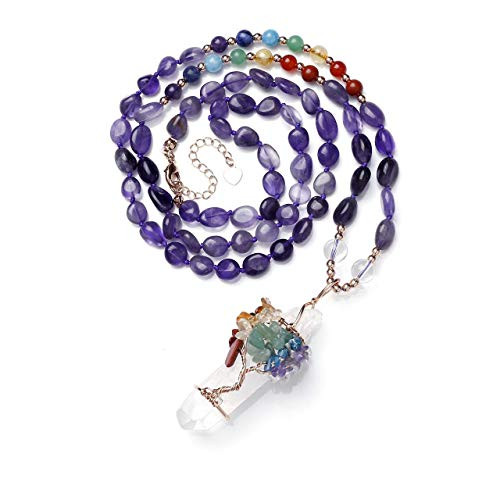 MANIFO 7 Chakra Tree of Life Wrap Clear Quartz Gemstone Pendant Healing Crystal Chakra Bead Tumble Stone Necklace Amethyst